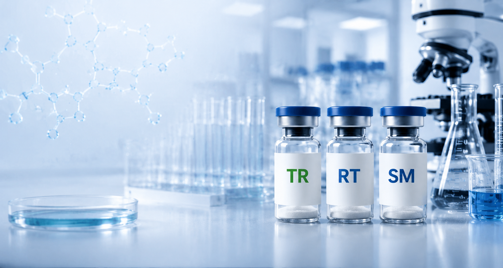 Laboratory bench with research reagent vials and analytical instruments