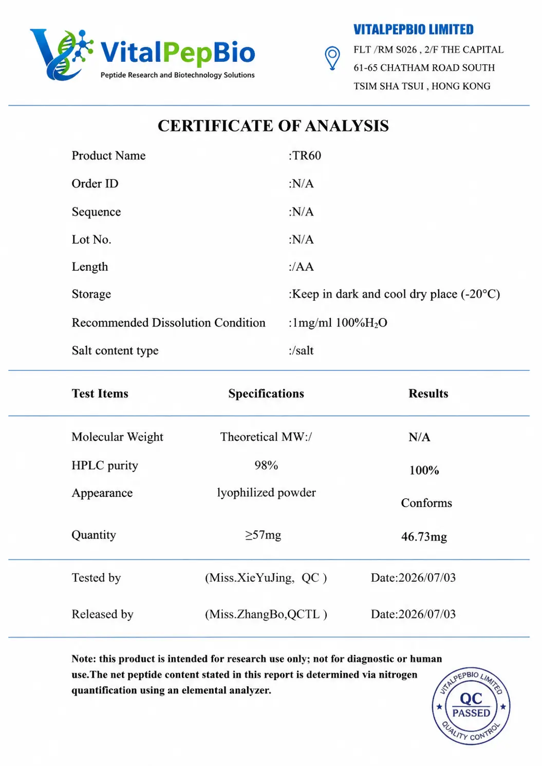 VitalPepBio quality certification document