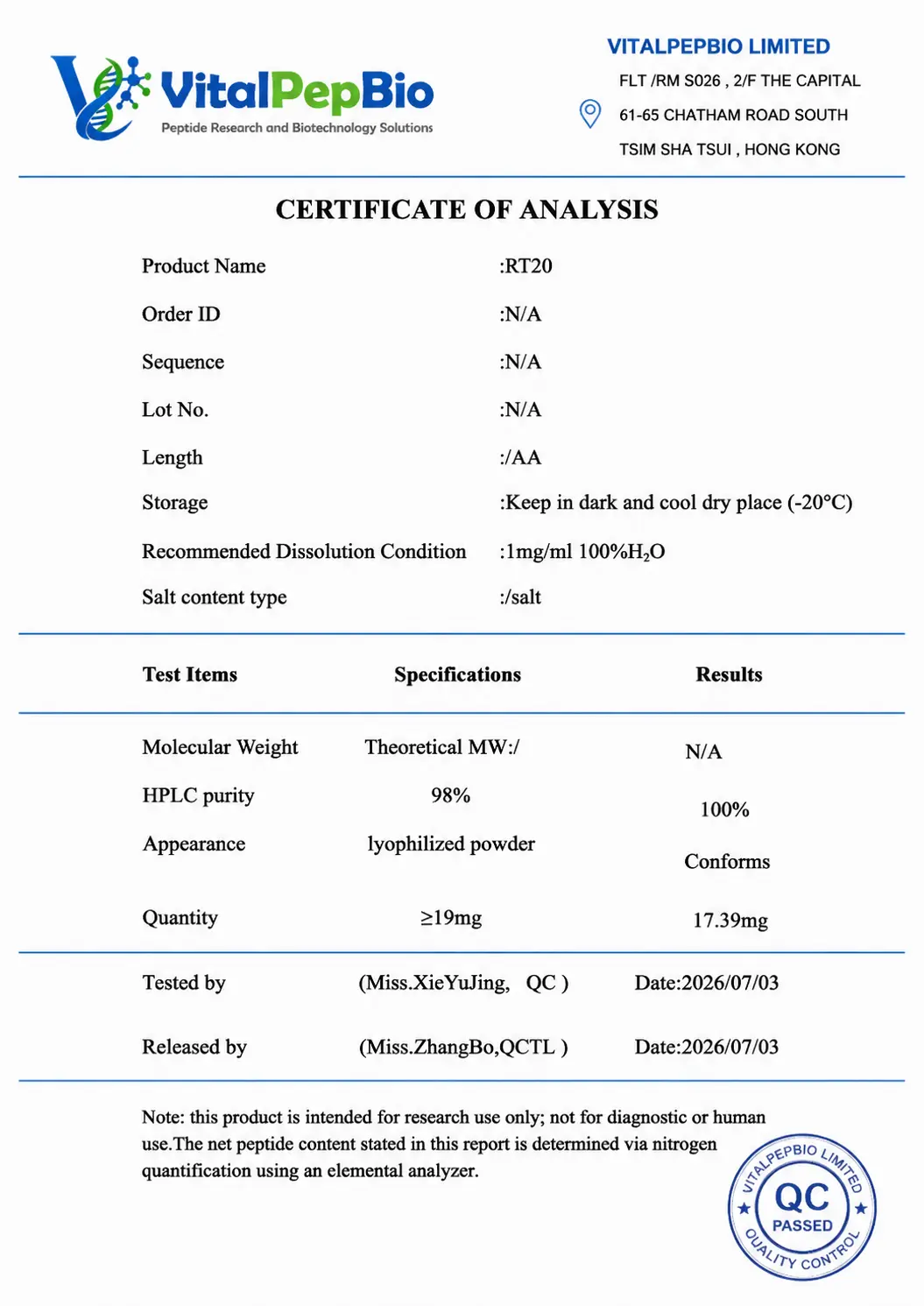 VitalPepBio laboratory quality certificate